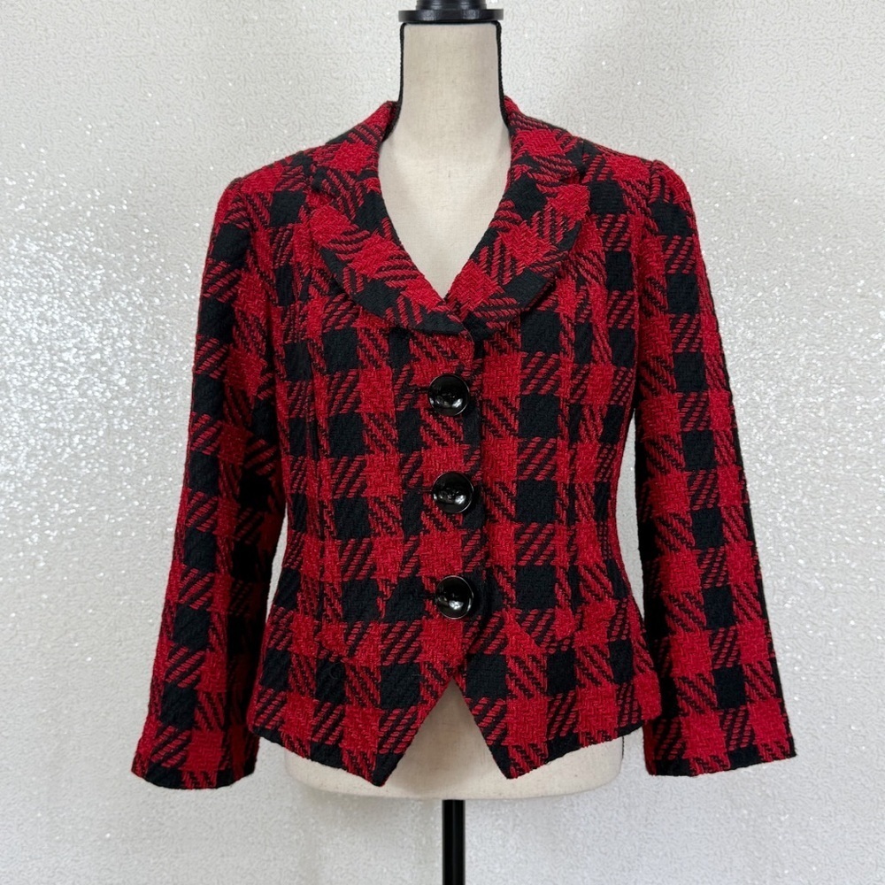 Coldwater Creek Women’s Petite 12 Red Black Plaid Jacket Blazer